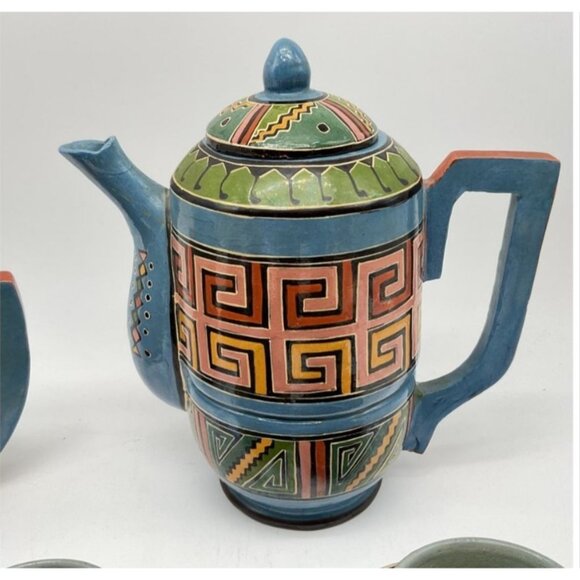 Mid-Century Hand-Painted Mexican Tlaquepaque Pottery Coffee & Tea Set 6 Cups - Picture 7 of 9